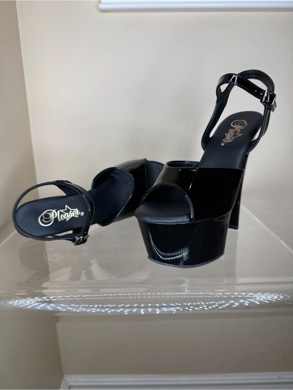 Pleaser Black Patent Platform Peep-Toe Ankle Strap Heels